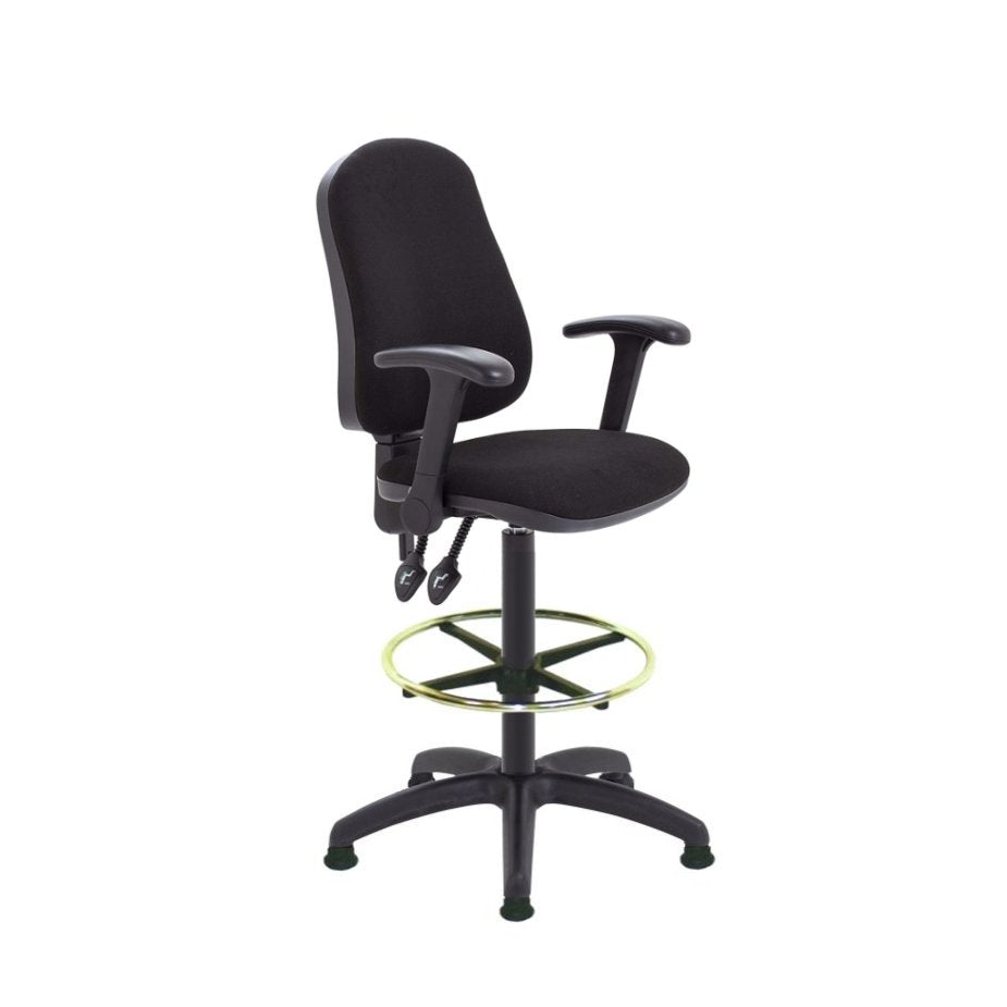 Black office chair with adjustable arms on a white background