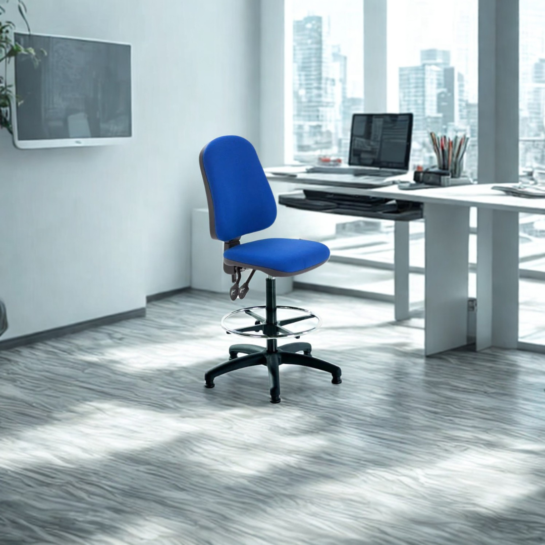 Blue office chair in a modern office setting with a desk and city view.