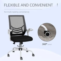 Black office chair with mesh back and wheels, featuring text 'FLEXIBLE AND CONVENIENT' and '360° rotation'.