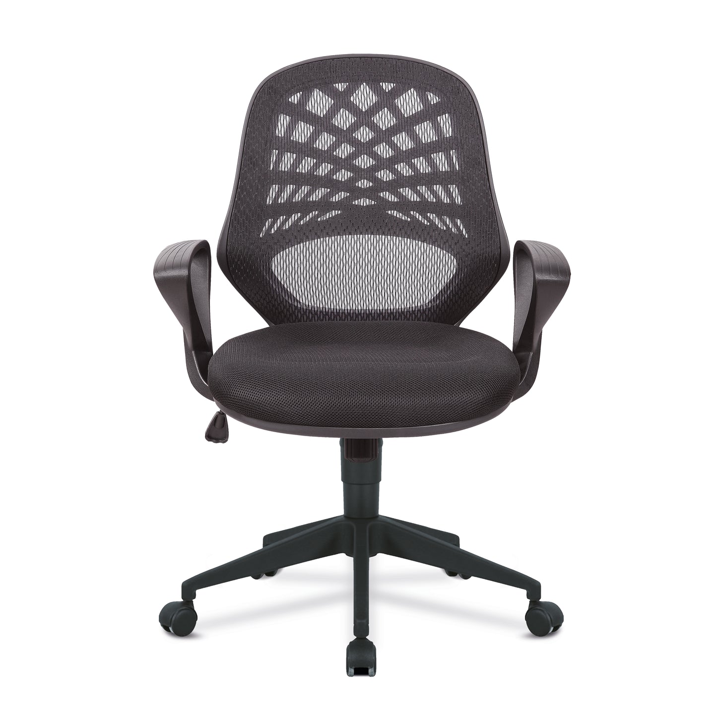 Black office chair with mesh back on a white background