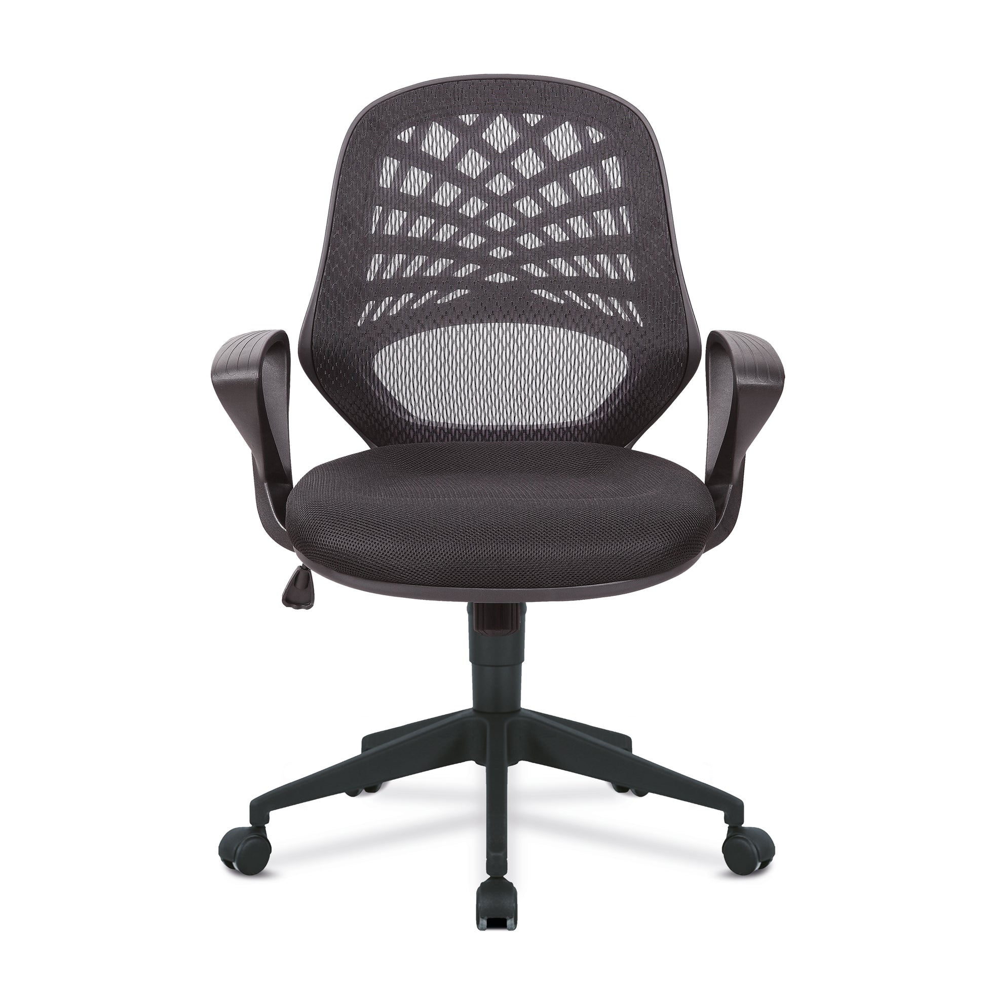 Black office chair with mesh back on a white background