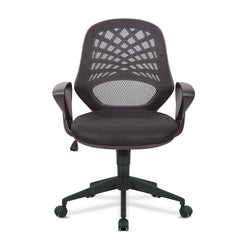 Black office chair with mesh back on a white background