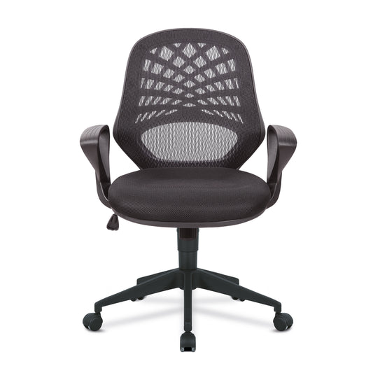 Black office chair with mesh back on a white background
