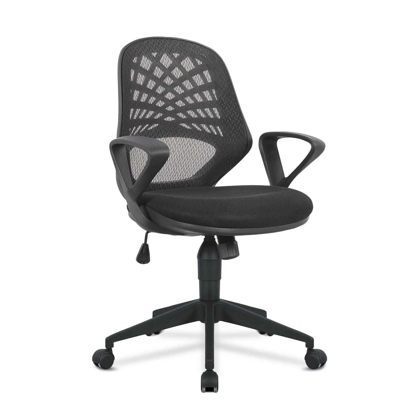 Black office chair with mesh backrest on a white background