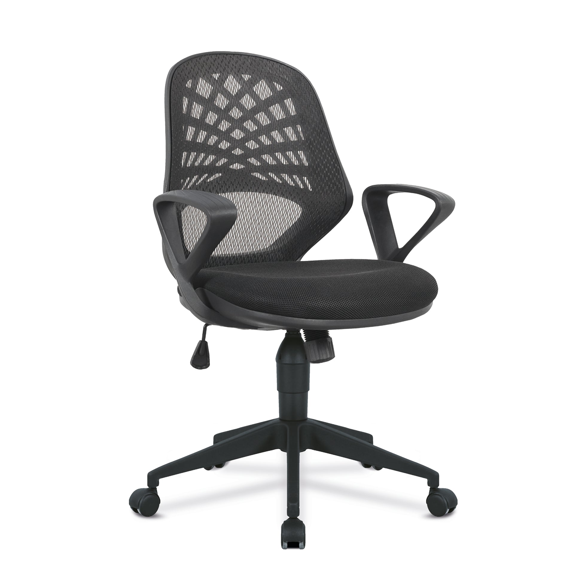 Black office chair with mesh backrest on a white background