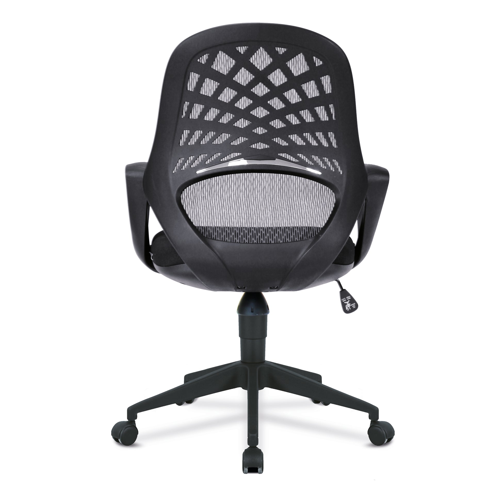 Black office chair with mesh back on a white background