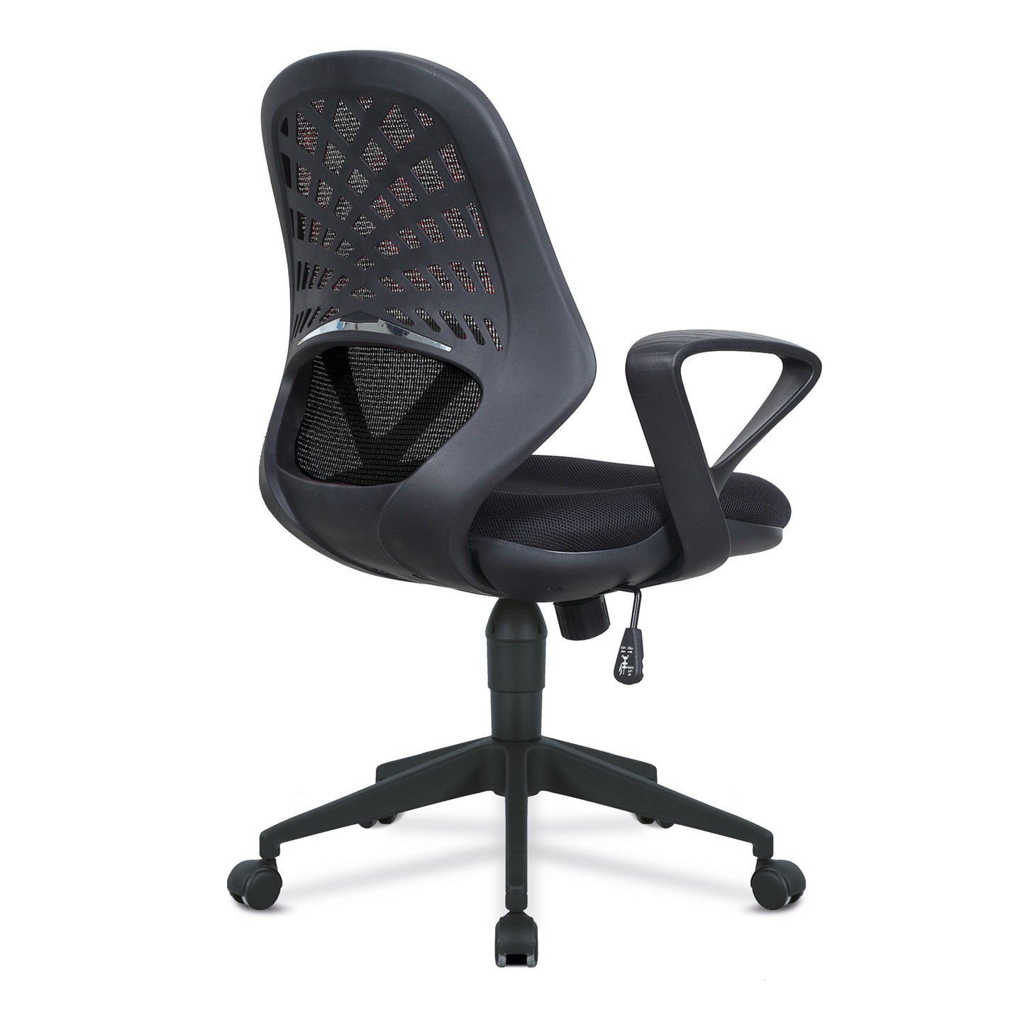 Black office chair with mesh back on a white background