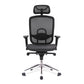 Black office chair with mesh back and chrome base on a white background