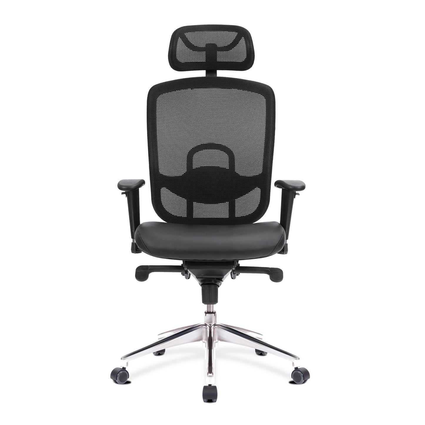 Black office chair with mesh back and chrome base on a white background
