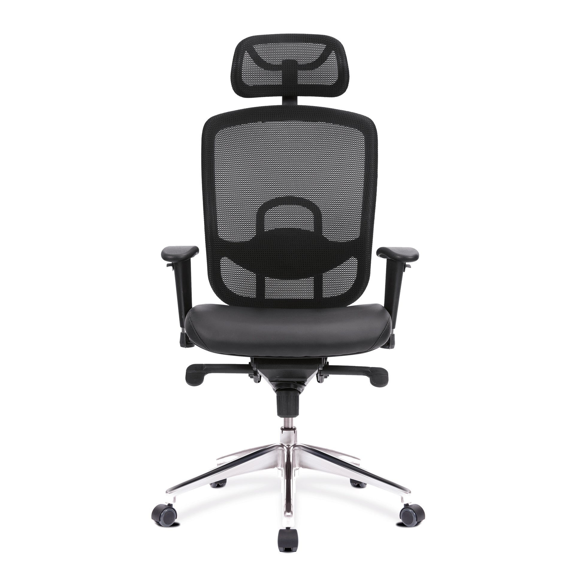 Black office chair with mesh back and chrome base on a white background