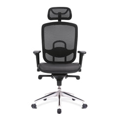 Black office chair with mesh back and chrome base on a white background