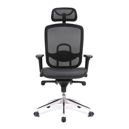 Black office chair with mesh back and chrome base on a white background