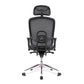 Black office chair with mesh back and headrest on a white background