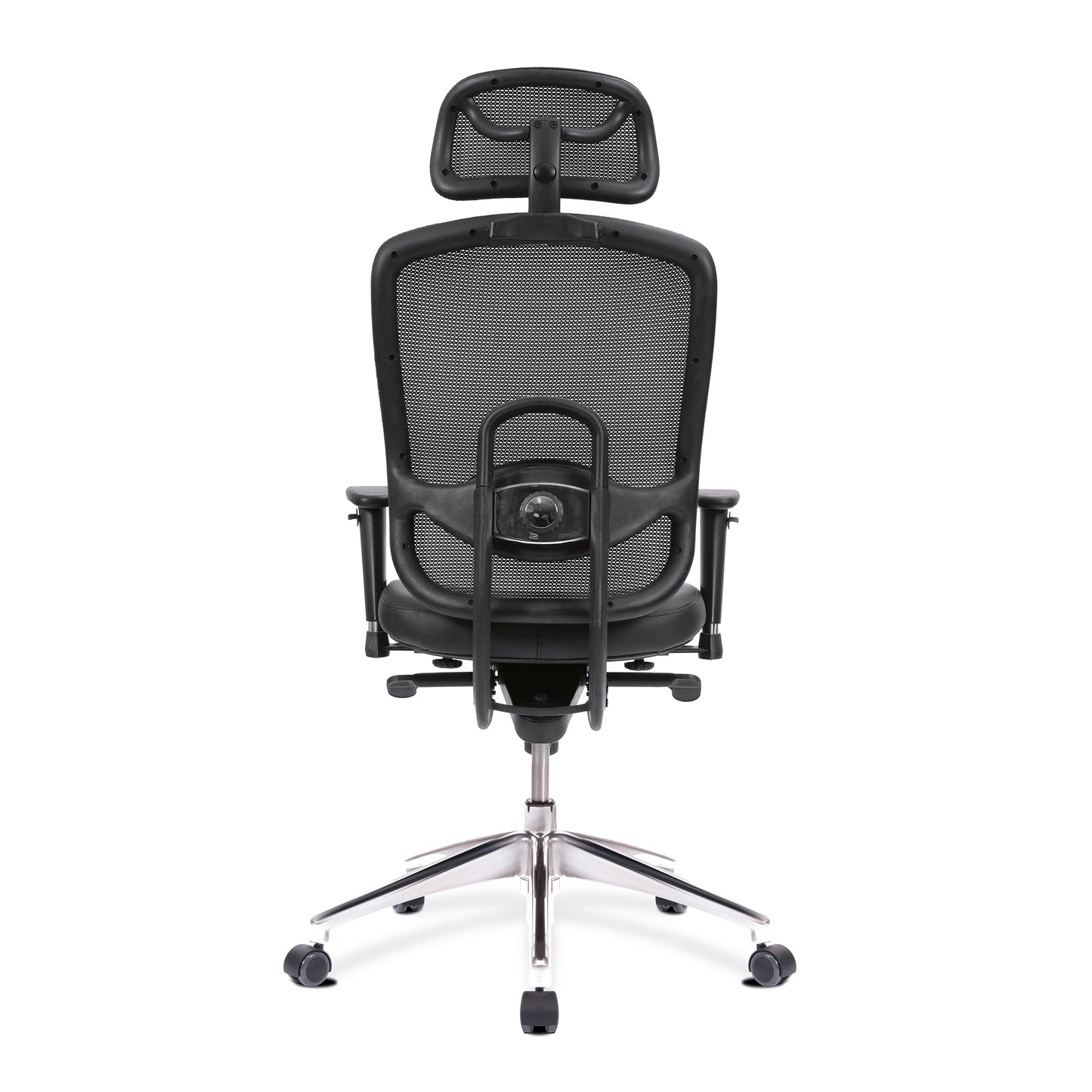Black office chair with mesh back and headrest on a white background