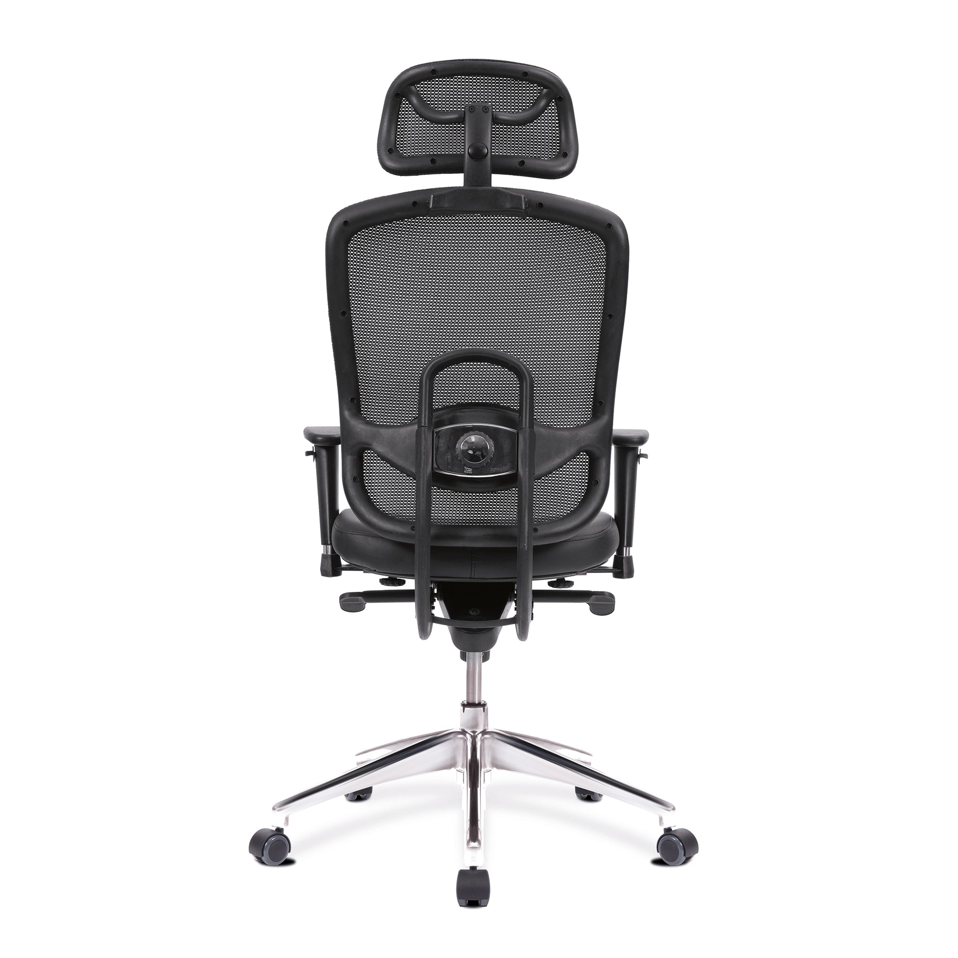 Black office chair with mesh back and headrest on a white background