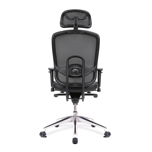 Black office chair with mesh back and headrest on a white background