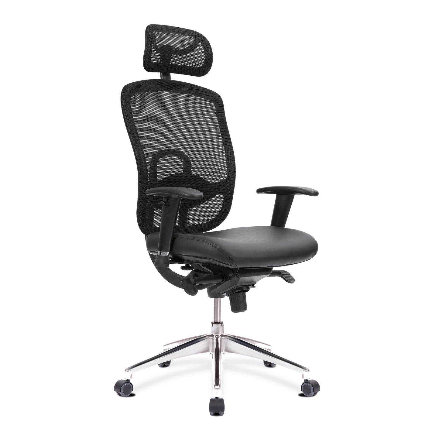 Black office chair with mesh back and adjustable arms on a white background