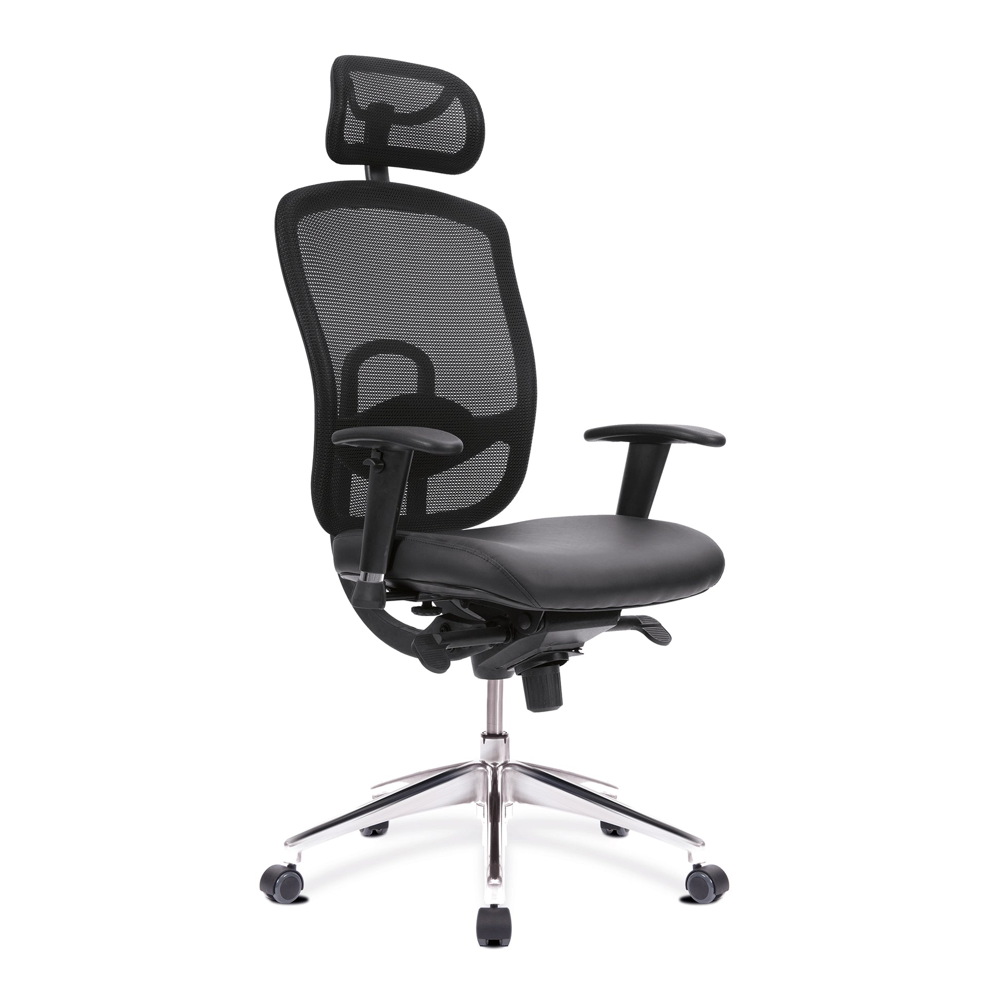 Black office chair with mesh back and adjustable arms on a white background