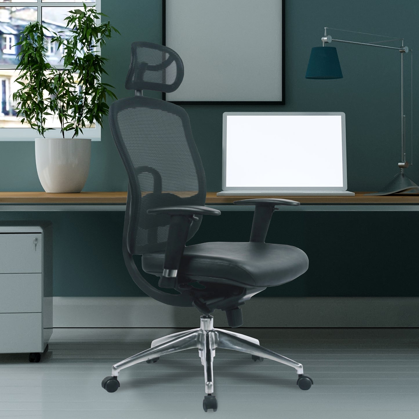 Modern office chair in a stylish office setting with a desk, computer monitor, and lamp.