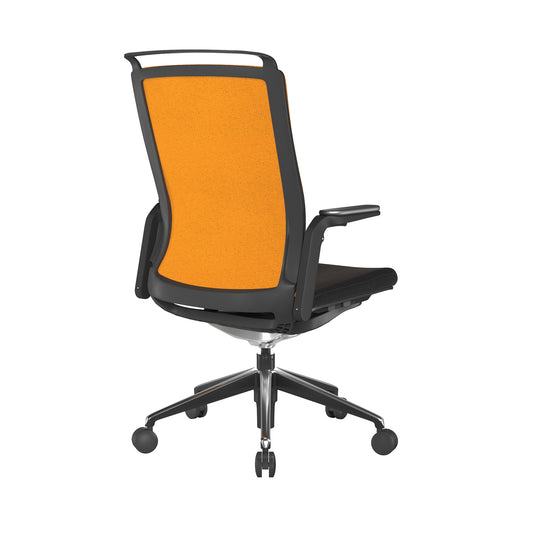 Orange office chair with black frame on a white background