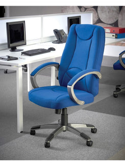 Blue office chair in an office setting with a desk and computer monitors.