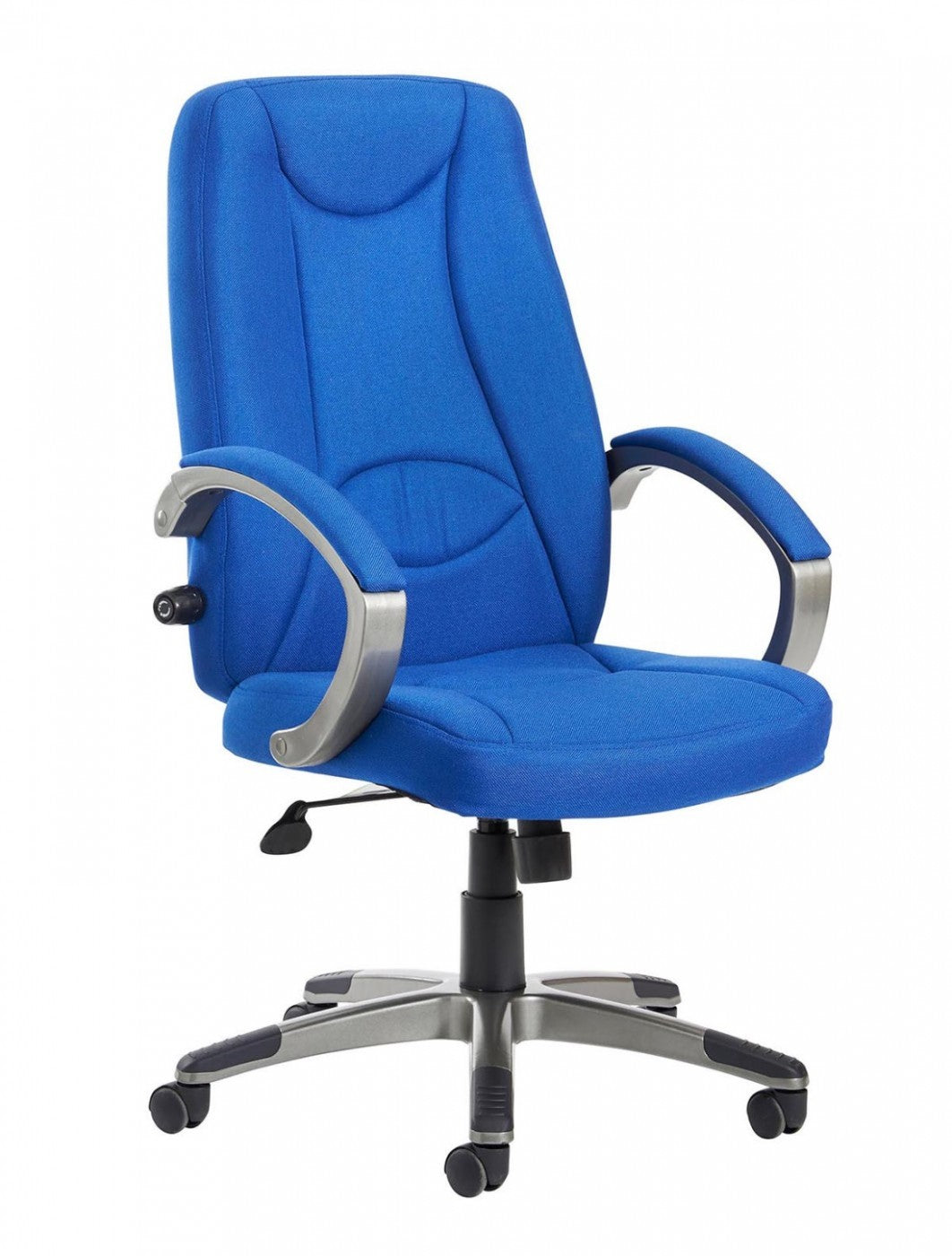 Blue office chair with silver accents on a white background