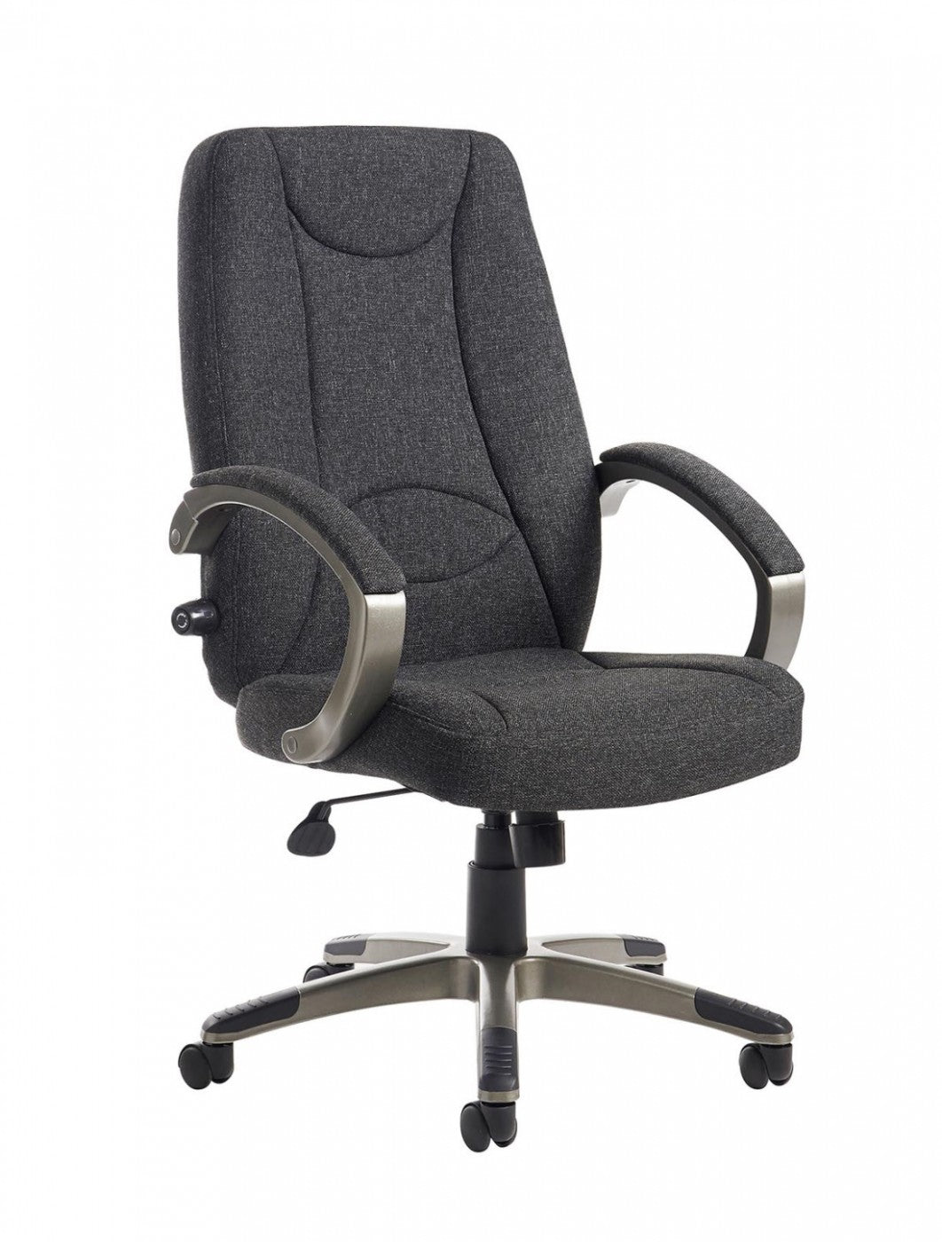 Grey office chair with armrests on a white background