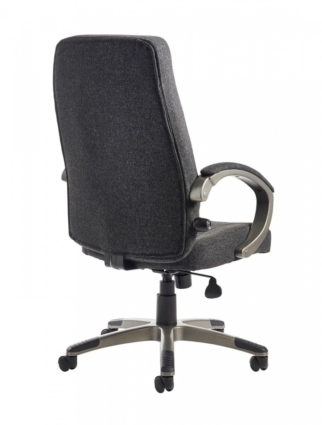 Gray office chair with a black mesh backrest on a white background