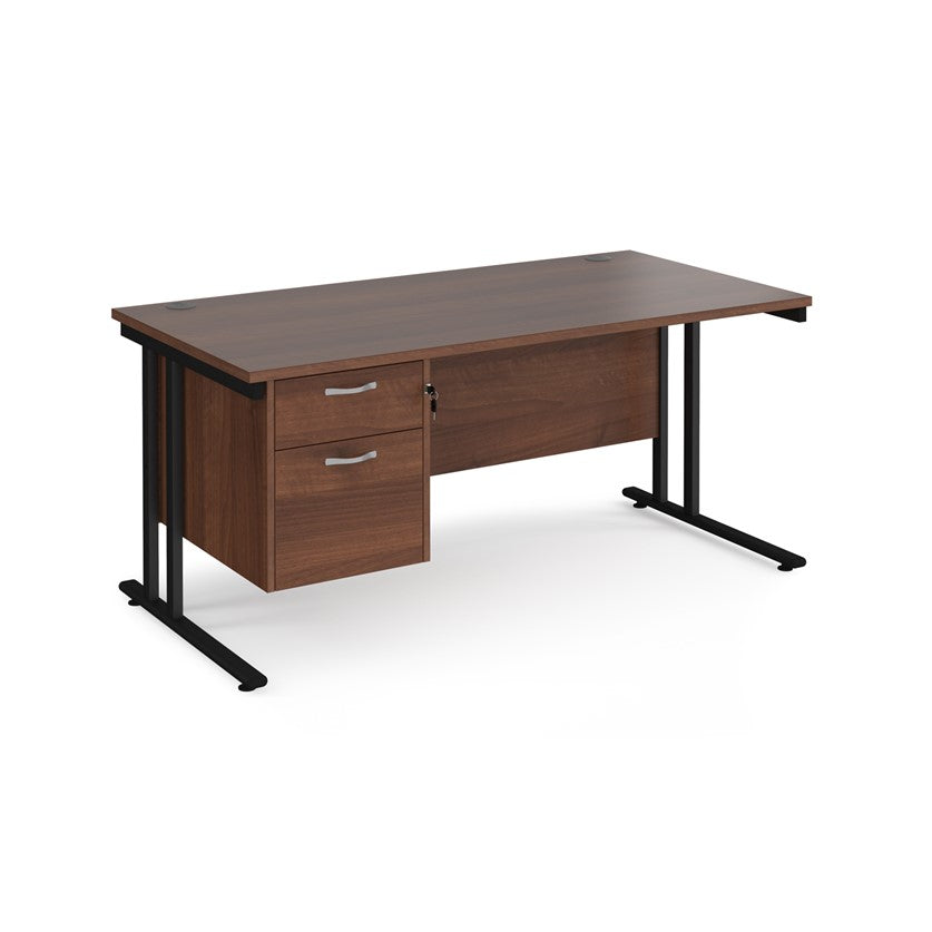 Rectangular office desk with a cantilever frame and a beige two-drawer fixed pedestal. The desk has a melamine finish and is pictured against a white background.
