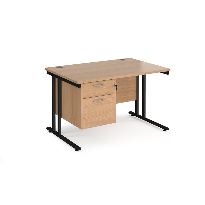 Rectangular office desk with a cantilever frame and a beige two-drawer fixed pedestal. The desk has a melamine finish and is pictured against a white background.
