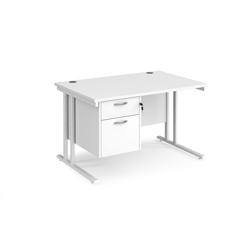 Rectangular office desk with a cantilever frame and a White two-drawer fixed pedestal. The desk has a melamine finish and is pictured against a white background.
