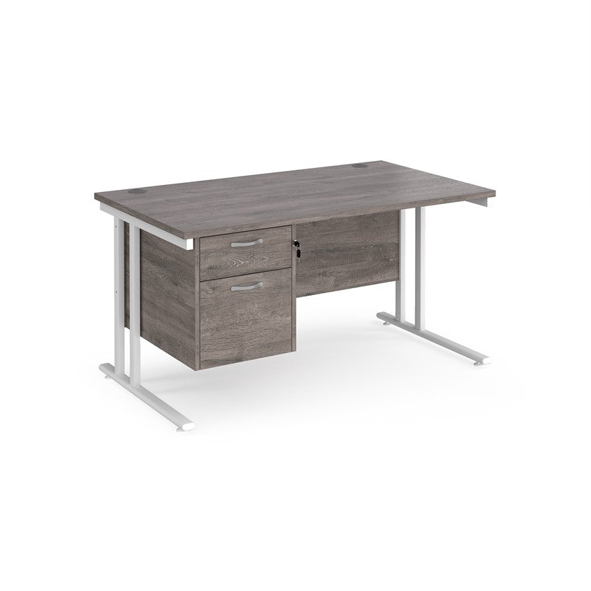 Rectangular office desk with a black cantilever frame and a beige two-drawer fixed pedestal. The desk has a melamine finish and is pictured against a white background.