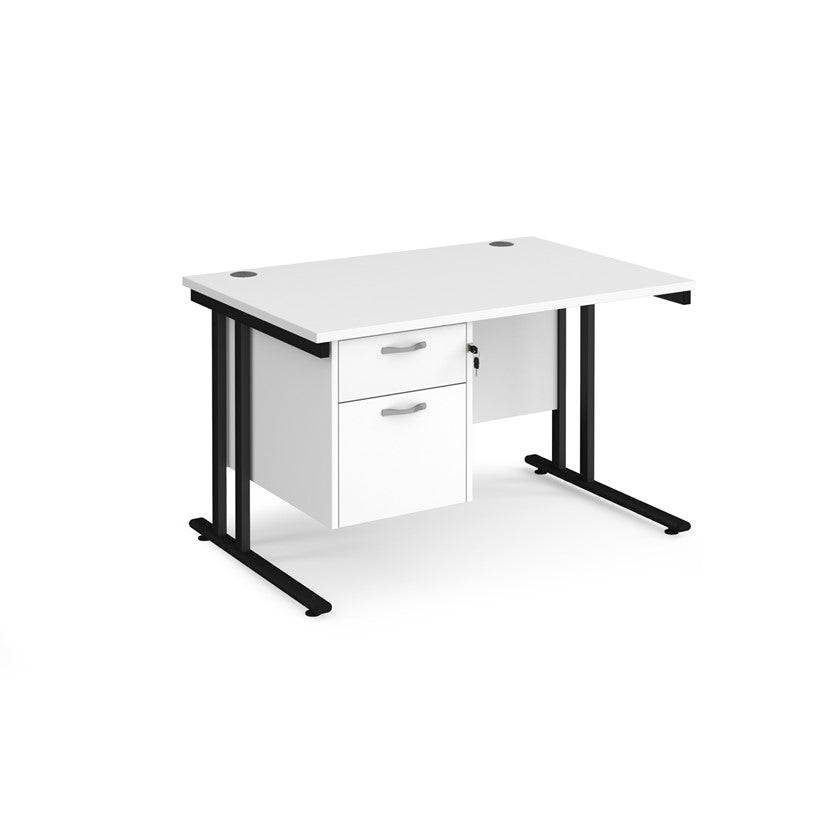 Rectangular office desk with a cantilever frame and a White two-drawer fixed pedestal. The desk has a melamine finish and is pictured against a white background.
