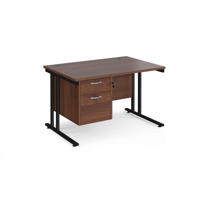 Rectangular office desk with a cantilever frame and a beige two-drawer fixed pedestal. The desk has a melamine finish and is pictured against a white background.

