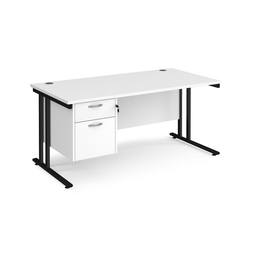 Rectangular office desk with a cantilever frame and a White two-drawer fixed pedestal. The desk has a melamine finish and is pictured against a white background.

