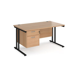 Rectangular office desk with a black cantilever frame and a beige two-drawer fixed pedestal. The desk has a melamine finish and is pictured against a white background.