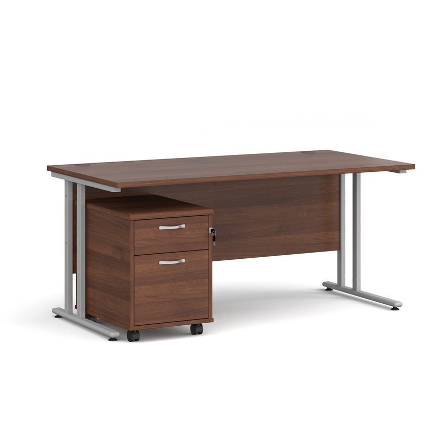 A Walnut finish desk with a 2 drawer pedestal bundle on a white background