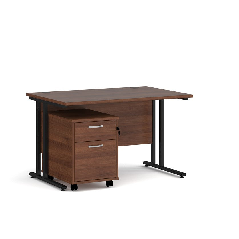 A Walnut finish desk with a 2 drawer pedestal bundle on a white background