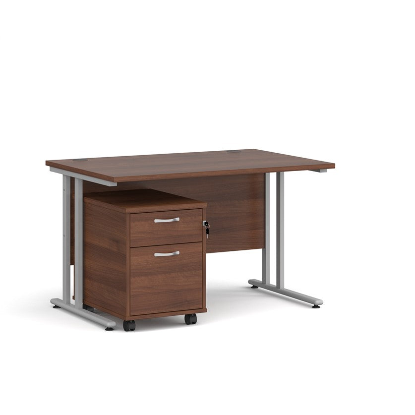 A Walnut finish desk with a 2 drawer pedestal bundle on a white background