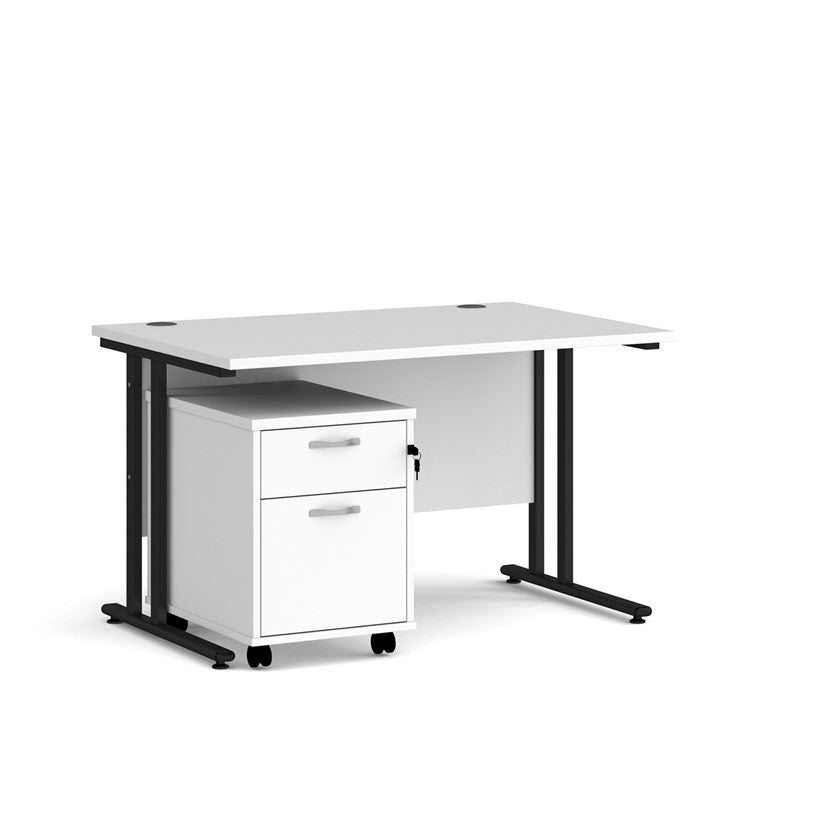 A white finish desk with a 2 drawer pedestal bundle on a white background