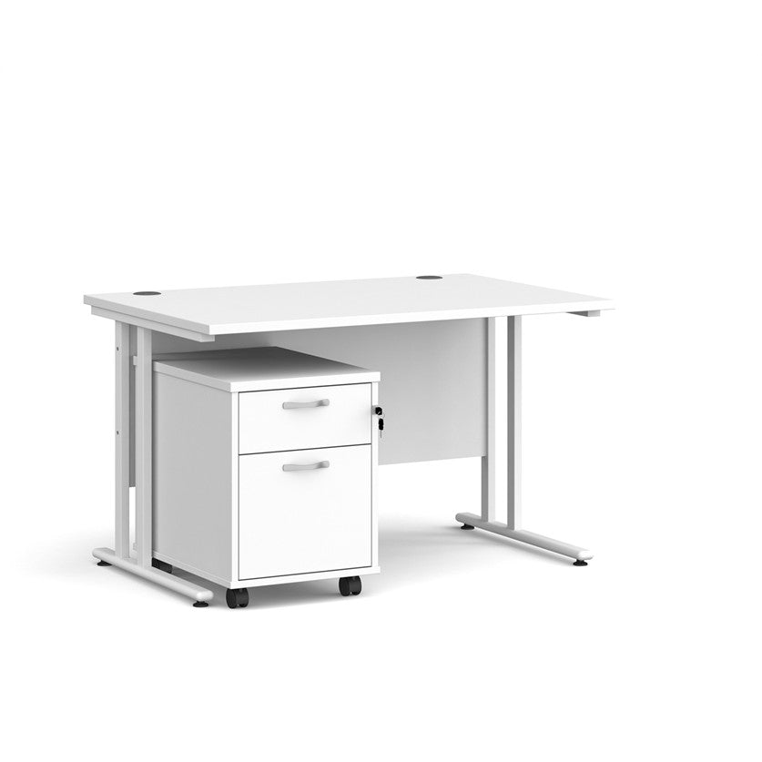 A white finish desk with a 2 drawer pedestal bundle on a white background