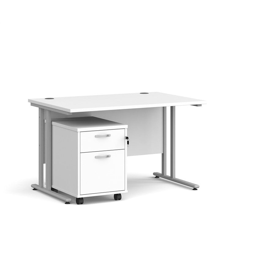 A white finish desk with a 2 drawer pedestal bundle on a white background