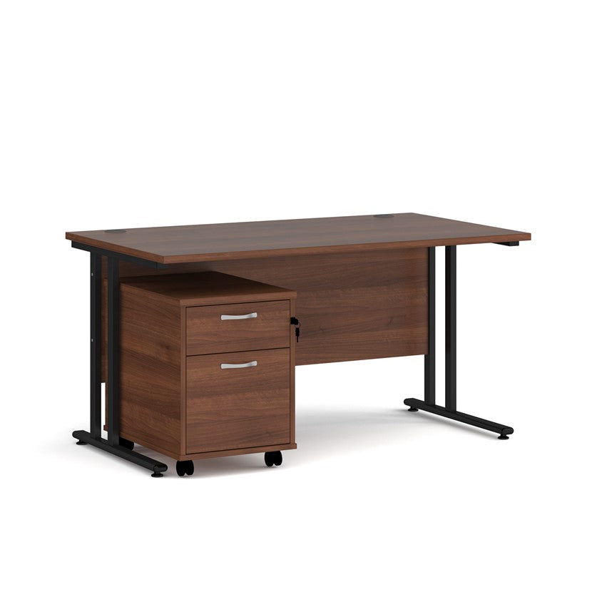 A Walnut finish desk with a 2 drawer pedestal bundle on a white background