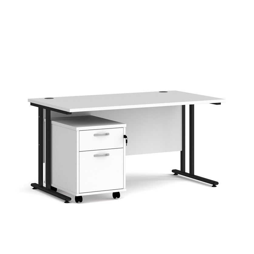 A white finish desk with a 2 drawer pedestal bundle on a white background