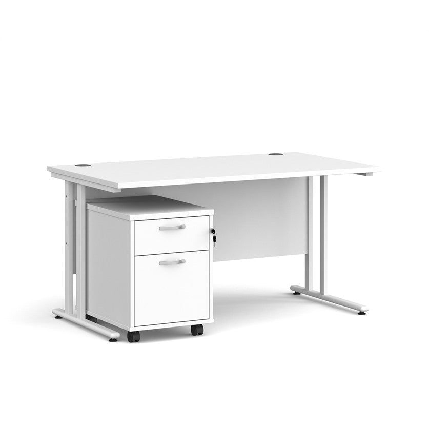 A white finish desk with a 2 drawer pedestal bundle on a white background