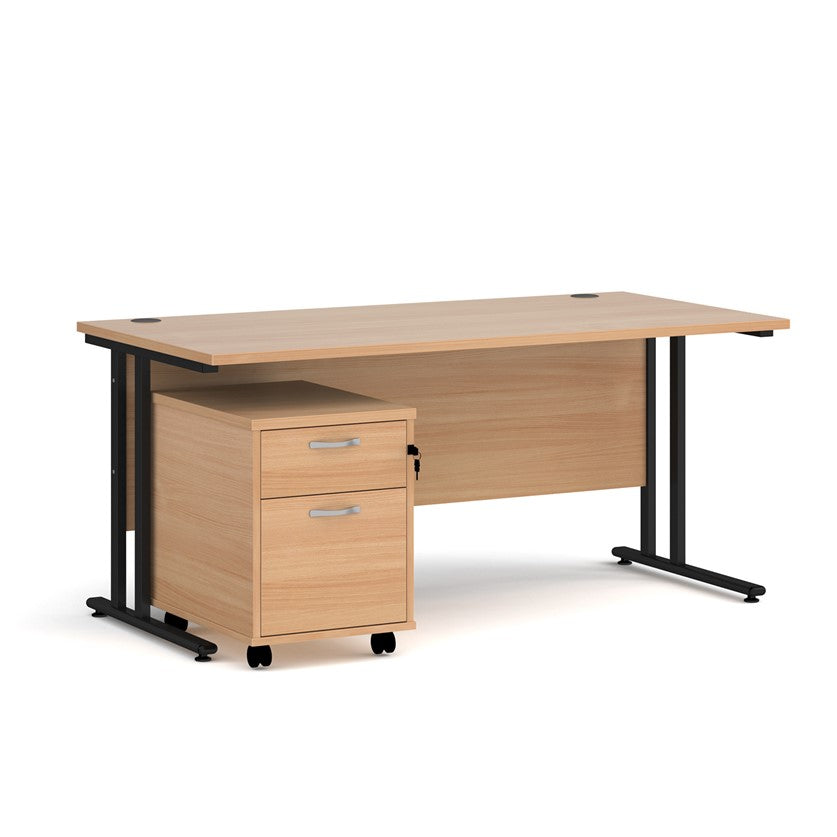 A oak finish desk with a 2 drawer pedestal bundle on a white background