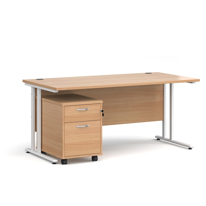 A oak finish desk with a 2 drawer pedestal bundle on a white background
