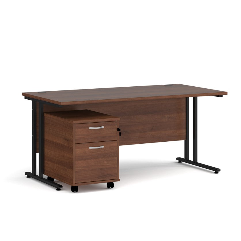 A Walnut finish desk with a 2 drawer pedestal bundle on a white background