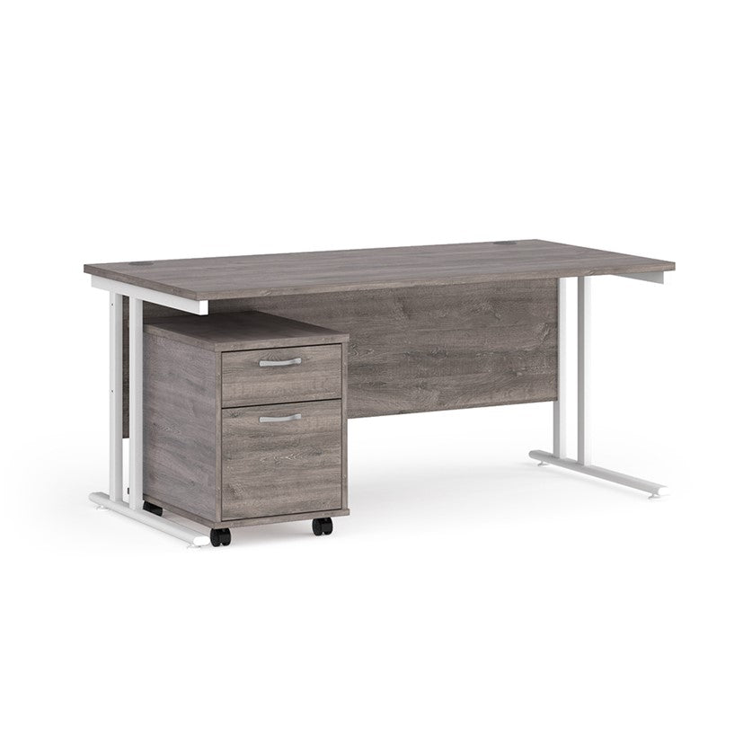 A Grey finish desk with a 2 drawer pedestal bundle on a white background
