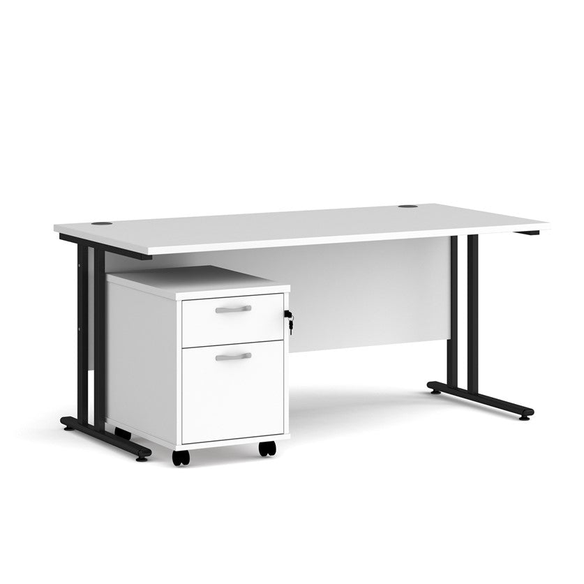 A white finish desk with a 2 drawer pedestal bundle on a white background